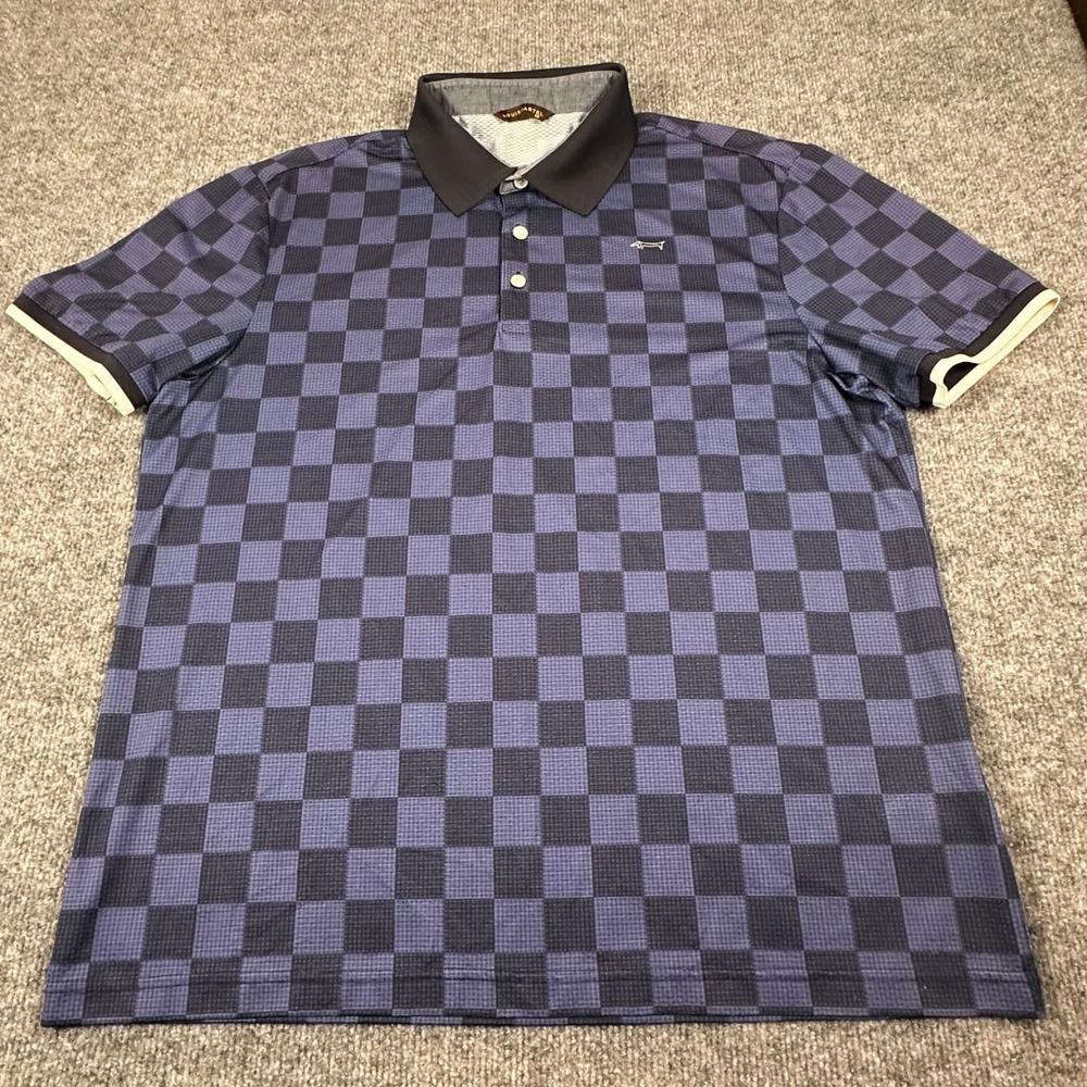 Louis Castel Mens Checkered Polo Shirt Navy Blue Short Sleeve Golf Size 110 XL - Picture 2 of 6